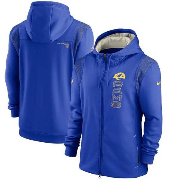 Men's Los Angeles Rams 2021 Royal Sideline Team Performance Full-Zip Hoodie